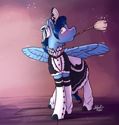 Size: 2311x2440 | Tagged: safe, artist:helmie-art, oc, oc only, oc:moonbow dew, pegasus, pony, clothes, eye clipping through hair, high res, maid, mouth hold, shrunken pupils, solo, spread wings, wings