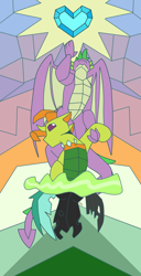 Size: 4960x9690 | Tagged: safe, artist:sevenserenity, spike, thorax, changedling, changeling, dragon, fanfic:a hero's path, g4, changeling magic, crystal heart, duo, fanfic, fanfic art, fanfic cover, king thorax, male, misleading thumbnail, stained glass