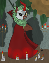 Size: 1277x1667 | Tagged: safe, artist:assertiveshypony, cinder glow, summer flare, kirin, pony, g4, bipedal, candle, candle holder, cave, cloak, clothes, digital art, drawing, mask, mechanism, phantom of the opera, standing on two hooves, vine