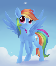 Size: 1179x1374 | Tagged: safe, artist:dusthiel, rainbow dash, pegasus, pony, g4, :3, backwards cutie mark, chest fluff, cloud, female, mare, on a cloud, rainbow dash day, raised hoof, sky, smiling, solo, spread wings, wings