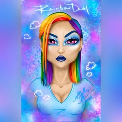 Size: 1080x1080 | Tagged: safe, artist:artisticallymichelle, rainbow dash, human, g4, abstract background, alternate hairstyle, breasts, bust, busty rainbow dash, cleavage, clothes, eyelashes, female, humanized, lipstick, makeup, smiling, solo