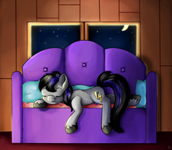 Size: 1280x1114 | Tagged: safe, artist:appleneedle, oc, oc:iron crackle, earth pony, pony, blanket, cottage, couch, night, patreon, pillow, resting, reward, sleeping, solo, window