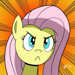 Size: 1385x1384 | Tagged: safe, artist:cartoon-eric, fluttershy, pony, g4, :<, >:<, angry, bust, cute, female, frown, looking at someone, madorable, mare, shyabetes, solo, stare, stern, sunburst background, the stare, three quarter view