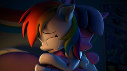 Size: 3840x2160 | Tagged: safe, artist:psfmer, rainbow dash, twilight sparkle, alicorn, pegasus, pony, g4, 3d, cloudsdale, comforting, crying, depressed, depression, duo, duo female, eyes closed, female, high res, horn, hug, lesbian, mare, rainbow dash's bedroom, revamped ponies, sad, ship:twidash, shipping, source filmmaker, twilight sparkle (alicorn), wings, wonderbolts poster