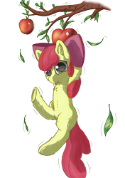 Size: 3541x5016 | Tagged: safe, alternate version, artist:playful wings, apple bloom, earth pony, pony, g4, :p, adorabloom, apple, cute, female, filly, food, hanging, solo, tongue out, tree, underhoof