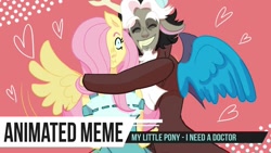 Size: 1280x720 | Tagged: safe, artist:amely14128, discord, fluttershy, draconequus, pegasus, anthro, g4, clothes, eyes closed, female, grin, hair over one eye, heart, hug, male, meme, ship:discoshy, shipping, smiling, spread wings, straight, wings