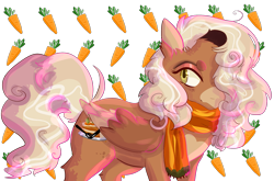 Size: 2419x1600 | Tagged: safe, artist:splairr, oc, oc only, pegasus, pony, carrot, clothes, female, food, hair over one eye, mare, pegasus oc, scarf, solo, wings