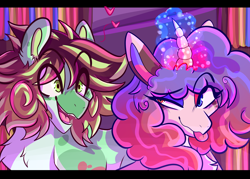 Size: 3500x2500 | Tagged: safe, artist:splairr, oc, oc only, earth pony, pony, unicorn, :p, bust, chest fluff, duo, earth pony oc, eye clipping through hair, glowing horn, high res, horn, open mouth, smiling, tongue out, unicorn oc