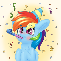 Size: 4000x4000 | Tagged: safe, artist:yelowcrom, rainbow dash, pegasus, pony, g4, blushing, chest fluff, confetti, cute, female, hat, heart eyes, mare, party, party hat, party horn, rainbow dash day, rainbow dash's birthday, simple background, wingding eyes, wings