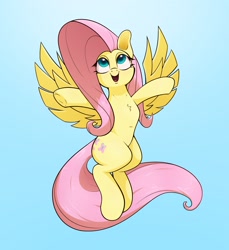 Size: 2200x2400 | Tagged: safe, artist:aquaticvibes, fluttershy, pegasus, pony, g4, chest fluff, cute, female, flying, front view, full face view, gradient background, high res, hooves out, looking up, mare, open mouth, shyabetes, smiling, solo, spread wings, wings