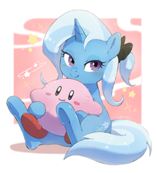 Size: 1847x2033 | Tagged: safe, artist:fuyugi, trixie, pony, puffball, unicorn, abstract background, alternate hairstyle, bow, cute, diatrixes, female, hair bow, kirby, kirby (series), looking at you, looking away, mare, nintendo, ponytail, sitting, smiling, smiling at you, tail, underhoof