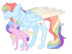 Size: 1160x868 | Tagged: safe, artist:inevitableintricate, rainbow dash, oc, oc:candy crash, pegasus, pony, g4, female, magical lesbian spawn, mother and child, mother and daughter, offspring, parent:pinkie pie, parent:rainbow dash, parents:pinkiedash, simple background, white background