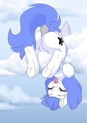 Size: 2480x3508 | Tagged: safe, artist:arctic-fox, oc, oc only, oc:snow pup, pegasus, pony, :p, butt, cloud, dock, eyes closed, feathered wings, featureless crotch, female, folded wings, hanging, hanging upside down, high res, mare, plot, solo, tongue out, underhoof, upside down, wings