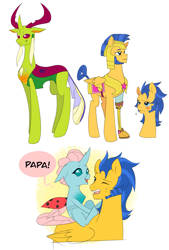 Size: 2585x3822 | Tagged: safe, artist:aztrial, flash sentry, ocellus, thorax, changedling, changeling, pony, unicorn, g4, amputee, gay, high res, king thorax, male, prosthetic leg, prosthetic limb, prosthetics, royal guard, shipping, sideburns, thorflash