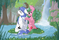 Size: 4662x3143 | Tagged: safe, artist:wbp, oc, oc only, oc:pine berry, oc:snow pup, earth pony, pegasus, pony, bath, bathing, eyes closed, female, floppy ears, forest, mare, scrubbing, sitting, smiling, soap bubble, water, waterfall, wet, wet mane