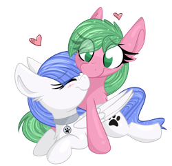 Size: 2800x2700 | Tagged: safe, artist:lbrcloud, oc, oc only, oc:pine berry, oc:snow pup, earth pony, pegasus, pony, blushing, chest fluff, collar, commission, dog tags, duo, ear fluff, eye clipping through hair, eyebrows, eyebrows visible through hair, eyes closed, female, heart, high res, horn, mane, mare, nuzzling, oc x oc, shipping, simple background, tail, transparent background, wings, ych result