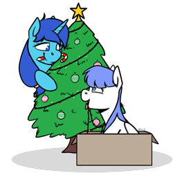 Size: 2200x2200 | Tagged: safe, artist:jellysketch, oc, oc only, oc:single drop, oc:snow pup, pegasus, pony, unicorn, behaving like a dog, box, candy, candy cane, christmas, christmas lights, christmas tree, commission, female, floppy ears, food, happy, high res, holiday, looking at each other, looking down, looking up, mare, mouth hold, ornament, panting, simple background, sitting, smiling, stars, tongue out, transparent background, tree