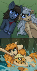 Size: 4536x8716 | Tagged: safe, artist:celestial-rainstorm, applejack, pear butter, oc, oc:ash bark, pony, g4, absurd resolution, canon x oc, female, flashback, imminent death, imminent drowning, male, origins, shipping, story included, straight, water