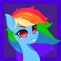Size: 850x850 | Tagged: safe, artist:hrukii, rainbow dash, pony, g4, abstract background, bust, cropped, ear fluff, eye clipping through hair, female, grin, looking at you, mare, portrait, redraw, smiling, solo, three quarter view