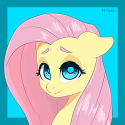 Size: 850x850 | Tagged: safe, artist:hrukii, fluttershy, pony, g4, abstract background, bust, cropped, cute, ear fluff, female, floppy ears, looking at you, mare, portrait, redraw, shyabetes, smiling, solo, three quarter view