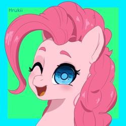 Size: 850x850 | Tagged: safe, artist:hrukii, pinkie pie, earth pony, pony, g4, abstract background, bust, cropped, ear fluff, female, looking at you, mare, open mouth, portrait, redraw, smiling, solo, three quarter view
