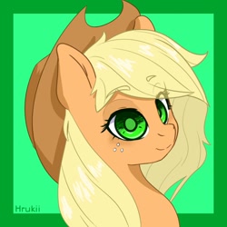 Size: 850x850 | Tagged: safe, artist:hrukii, applejack, earth pony, pony, g4, abstract background, blushing, bust, cropped, ear fluff, eye clipping through hair, female, hat, looking at you, mare, portrait, redraw, smiling, solo, three quarter view