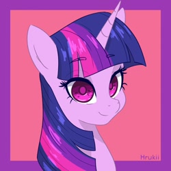Size: 850x850 | Tagged: safe, artist:hrukii, twilight sparkle, pony, unicorn, g4, abstract background, bust, cropped, ear fluff, female, looking at you, mare, portrait, redraw, smiling, solo, three quarter view