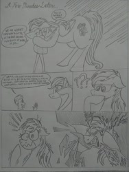 Size: 1944x2592 | Tagged: safe, artist:princebluemoon3, oc, oc:candy clumsy, oc:rainbow candy, oc:rainbow tashie, oc:tommy the human, earth pony, human, pegasus, pony, comic:sisterly silliness, black and white, butt, canterlot, canterlot castle, castle, child, clothes, comic, commissioner:bigonionbean, confused, crying, cutie mark, dialogue, extra thicc, eyes closed, female, flank, frustrated, fusion, grayscale, gritted teeth, hallway, head in hooves, hug, hugging a pony, human oc, magic, male, mare, monochrome, open mouth, plot, shocked, shocked expression, tears of joy, teary eyes, traditional art, wavy mouth, wings, wiping tears, writer:bigonionbean