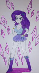 Size: 1114x2100 | Tagged: safe, artist:amyrosexshadowlover, rarity, equestria girls, g4, bedroom eyes, blue eyes, boots, bracelet, breasts, busty rarity, cleavage, clothes, cute, eyelashes, female, hand on hip, high heel boots, jewelry, legs, light skin, makeup, purple hair, raribetes, shoes, signature, skirt, solo, traditional art