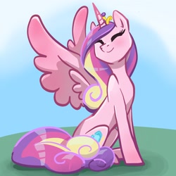 Size: 2048x2048 | Tagged: safe, artist:pfeffaroo, princess cadance, alicorn, pony, g4, cute, cutedance, eyes closed, female, high res, hnnng, jewelry, mare, outdoors, sitting, smiling, solo, spread wings, tiara, turned head, wings