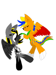 Size: 900x1200 | Tagged: safe, artist:animatorj47, artist:juliet-gwolf18, oc, oc:blue bolt, oc:juliet, alicorn, pony, wolf, wolf pony, alicorn oc, claws, collaboration, duo, eyes closed, female, hoof shoes, horn, lineless, mare, wings
