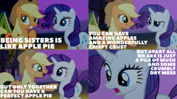 Size: 2000x1125 | Tagged: safe, edit, edited screencap, editor:quoterific, screencap, applejack, rarity, earth pony, pony, unicorn, g4, sisterhooves social, analogy, applejack's hat, cowboy hat, duo, female, gritted teeth, hat, mare, open mouth