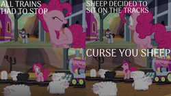 Size: 2000x1125 | Tagged: safe, edit, edited screencap, editor:quoterific, screencap, all aboard, pinkie pie, earth pony, pony, sheep, g4, party pooped, season 5, eyes closed, female, hat, male, nose in the air, open mouth, train, train station, yelling