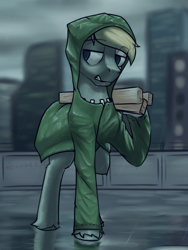 Size: 3000x4000 | Tagged: safe, artist:toanderic, oc, oc only, oc:maplewood, earth pony, pony, blurry background, cloud, eyebrows, eyebrows visible through hair, frown, gritted teeth, grumpy, hood, male, no pupils, planks, prosthetic eye, prosthetics, puddle, rain, raincoat, skyscraper, solo, stallion, unshorn fetlocks, water, wet, wet mane, wood