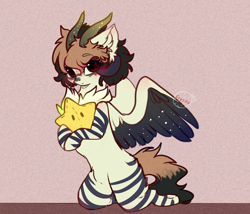 Size: 2242x1917 | Tagged: safe, artist:krissstudios, oc, oc only, hybrid, semi-anthro, arm hooves, horns, plushie, solo, star plushie, two toned wings, wings