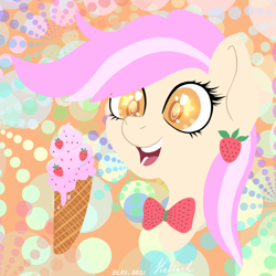 Size: 4000x4000 | Tagged: safe, artist:hellishnya, oc, oc only, oc:vanillaberry swirl, earth pony, pony, bowtie, commission, complex background, ear piercing, earring, female, food, ice cream, ice cream cone, jewelry, mare, open mouth, piercing, ponified, signature, solo, ych result