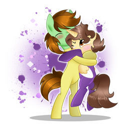 Size: 2040x2148 | Tagged: safe, artist:doraeartdreams-aspy, oc, oc:aspen, oc:ryan, alicorn, earth pony, pony, alicorn oc, bodysuit, catsuit, clothes, couple, cute, eyes closed, female, high res, hippie, horn, hug, latex, latex suit, love, male, peace suit, rubber, rubber suit, smiling, straight, wings