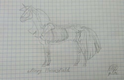 Size: 1024x667 | Tagged: safe, artist:maryhoovesfield, oc, oc only, pony, skeleton pony, unicorn, bone, graph paper, horn, lineart, signature, skeleton, traditional art, unicorn oc
