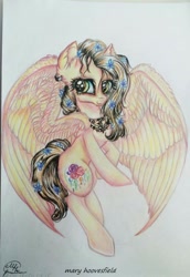 Size: 705x1024 | Tagged: safe, artist:maryhoovesfield, oc, oc only, pegasus, pony, eyelashes, jewelry, necklace, pegasus oc, rearing, signature, smiling, solo, traditional art, wings