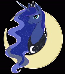 Size: 2460x2780 | Tagged: safe, artist:universaria, princess luna, alicorn, pony, g4, black background, bust, crescent moon, female, high res, mare, moon, portrait, simple background, solo, sparkly eyes, wingding eyes