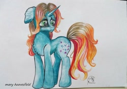 Size: 1024x722 | Tagged: safe, artist:maryhoovesfield, oc, oc only, pony, unicorn, chest fluff, ear fluff, frown, horn, looking back, signature, solo, traditional art, unicorn oc