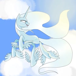 Size: 1024x1024 | Tagged: safe, artist:emalajiss36, oc, oc only, pony, unicorn, cloud, eyelashes, feathered fetlocks, female, flying, horn, looking back, mare, open mouth, smiling, solo