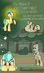 Size: 2160x3548 | Tagged: safe, artist:justapone, oc, oc:karoline skies, oc:raido, bear, earth pony, pony, angry, bald, broken sword, bush, colored sketch, comic, daydream, defeated, dialogue, dizzy eyes, female, forest, freckles, happy, high res, lying down, male, mare, on back, open mouth, ponytail, prone, smiling, stallion, swirly eyes, sword, taunting, training, tree, weapon