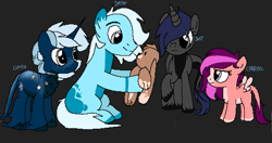 Size: 1043x550 | Tagged: safe, oc, oc only, oc:lumia, alicorn, earth pony, pegasus, pony, unicorn, adopted daughter, black background, cute, family, happy, photo, pixelated, plushie, simple background, solo