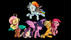 Size: 1280x720 | Tagged: safe, artist:castaspellliana, artist:goldencarrotmlp, artist:psfmer, applejack, fluttershy, pinkie pie, rainbow dash, rarity, twilight sparkle, alicorn, draconequus, earth pony, pegasus, unicorn, fanfic:my little pony: the unexpected future, 3d, alternate universe, amputee, animated, artificial wings, augmented, black background, draconequified, flutterequus, flying, gif, mane six, missing eye, prosthetic leg, prosthetic limb, prosthetic wing, prosthetics, sad, scar, simple background, source filmmaker, species swap, twilight sparkle (alicorn), wind, wings
