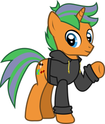 Size: 1168x1379 | Tagged: safe, artist:lightningbolt, derpibooru exclusive, oc, oc only, pony, unicorn, 2021 community collab, derpibooru community collaboration, g4, .svg available, clothes, hoodie, horn, male, raised hoof, show accurate, simple background, solo, stallion, standing, svg, transparent background, underhoof, vector, waving