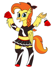 Size: 1870x2560 | Tagged: safe, artist:goldenflow, oc, oc only, oc:goldenflow, hippogriff, bow, braid, cheerleading, clothes, female, hair bow, pom pom, simple background, skirt, solo, transparent background, wings