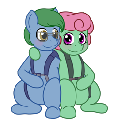 Size: 1200x1200 | Tagged: safe, artist:phallen1, derpibooru exclusive, oc, oc only, oc:software patch, oc:windcatcher, 2021 community collab, derpibooru community collaboration, couple, duo, female, harness, hoof on belly, hoof on shoulder, male, parachute, simple background, straight, tack, transparent background, vector, windpatch