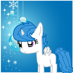Size: 894x894 | Tagged: safe, artist:snowy-070, oc, oc:snowy, alicorn, pony, g4, blue background, cute, female, filly, ocbetes, ornaments, shine, shiny, simple background, smiling, snow, snowflake, snowybetes, sparkles