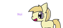Size: 900x404 | Tagged: safe, artist:snowy-070, noi, earth pony, pony, g4, cute, excited, female, filly, happy, noiabetes, open mouth, open smile, purple text, simple background, smiling, text, white background